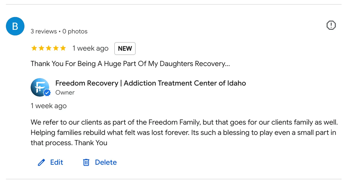 A five-star Google review and the owner's response on Freedom Recovery's profile, worded warmly and professionally without confirming any treatment relationship