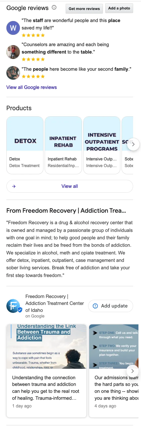Freedom Recovery's Google Business Profile showing reviews, service categories for detox and inpatient and outpatient programs, a full description, and recent posts
