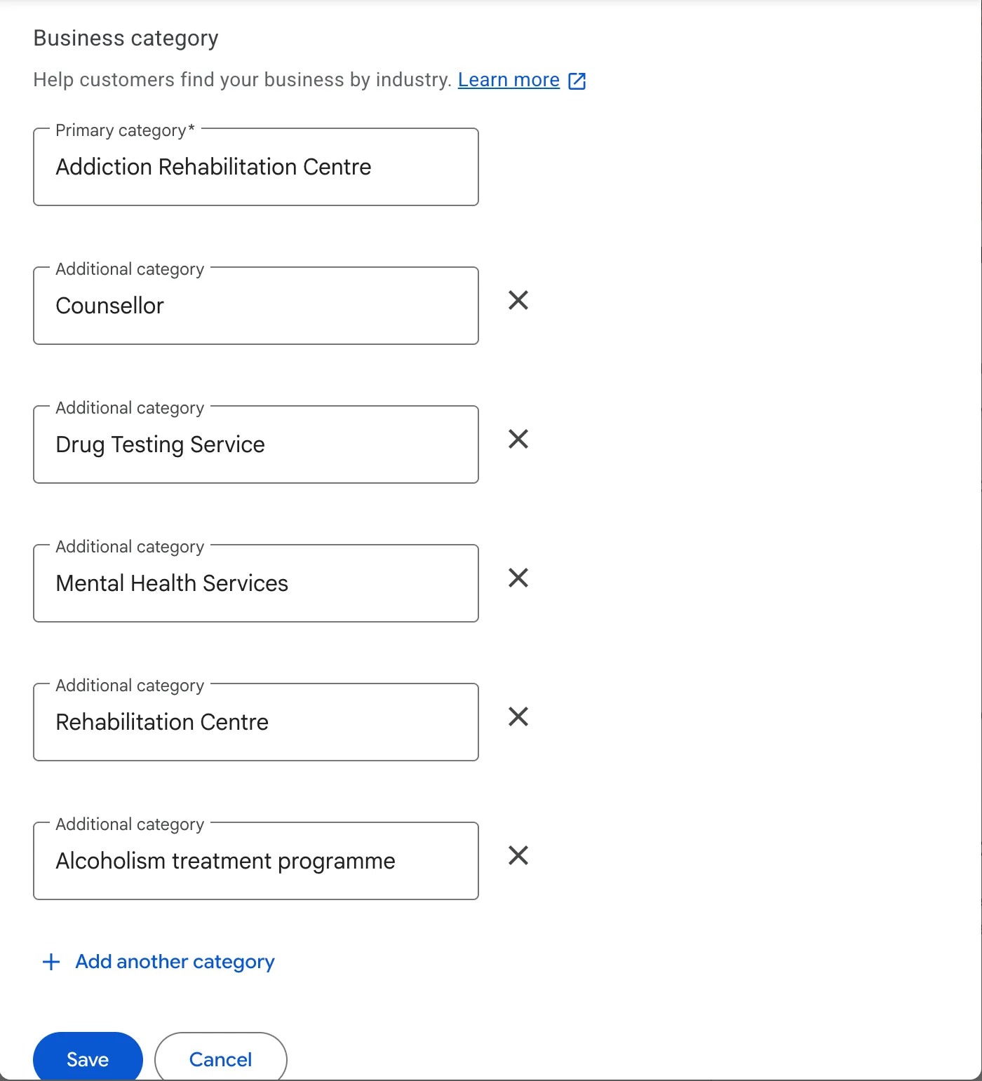 Google Business Profile 'Business category' settings showing a primary category of Addiction Rehabilitation Centre plus accurate secondary categories