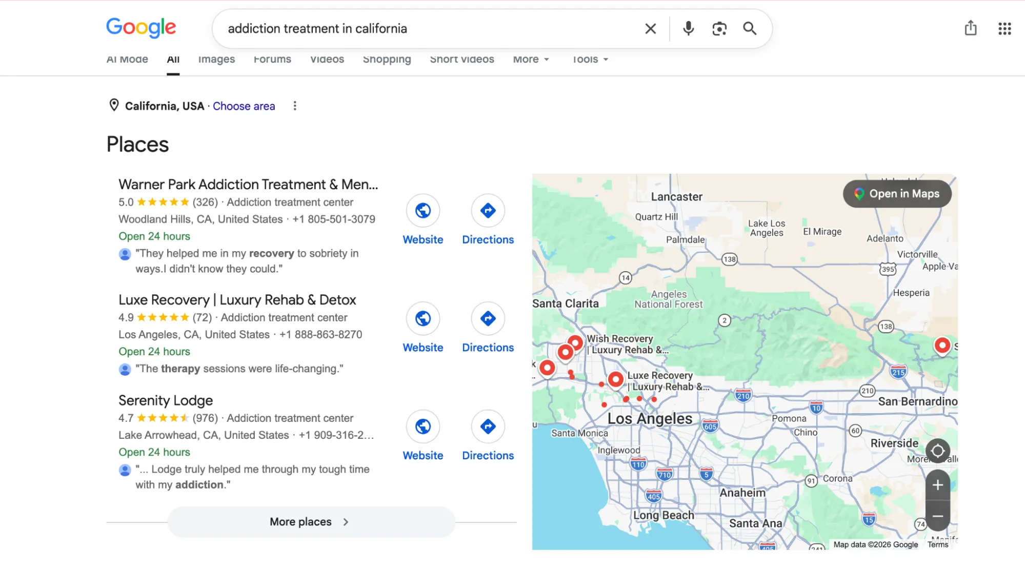 Google search results for 'addiction treatment in california' showing the local map pack of Google Business Profiles and a map above the organic website listings