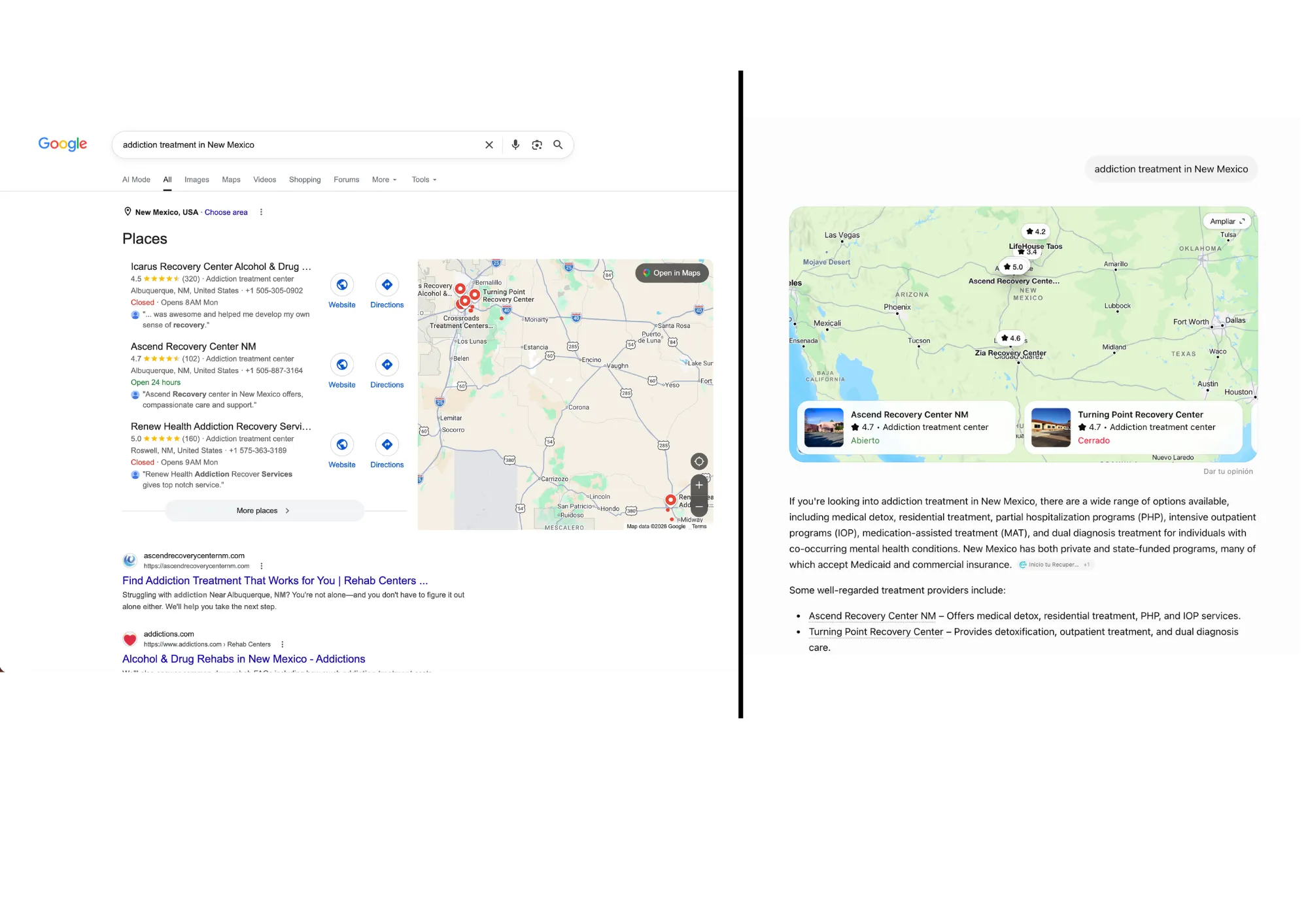 Side-by-side of Google's local pack results and an AI-generated answer for 'addiction treatment in New Mexico', where the AI answer names and summarizes specific treatment centers directly