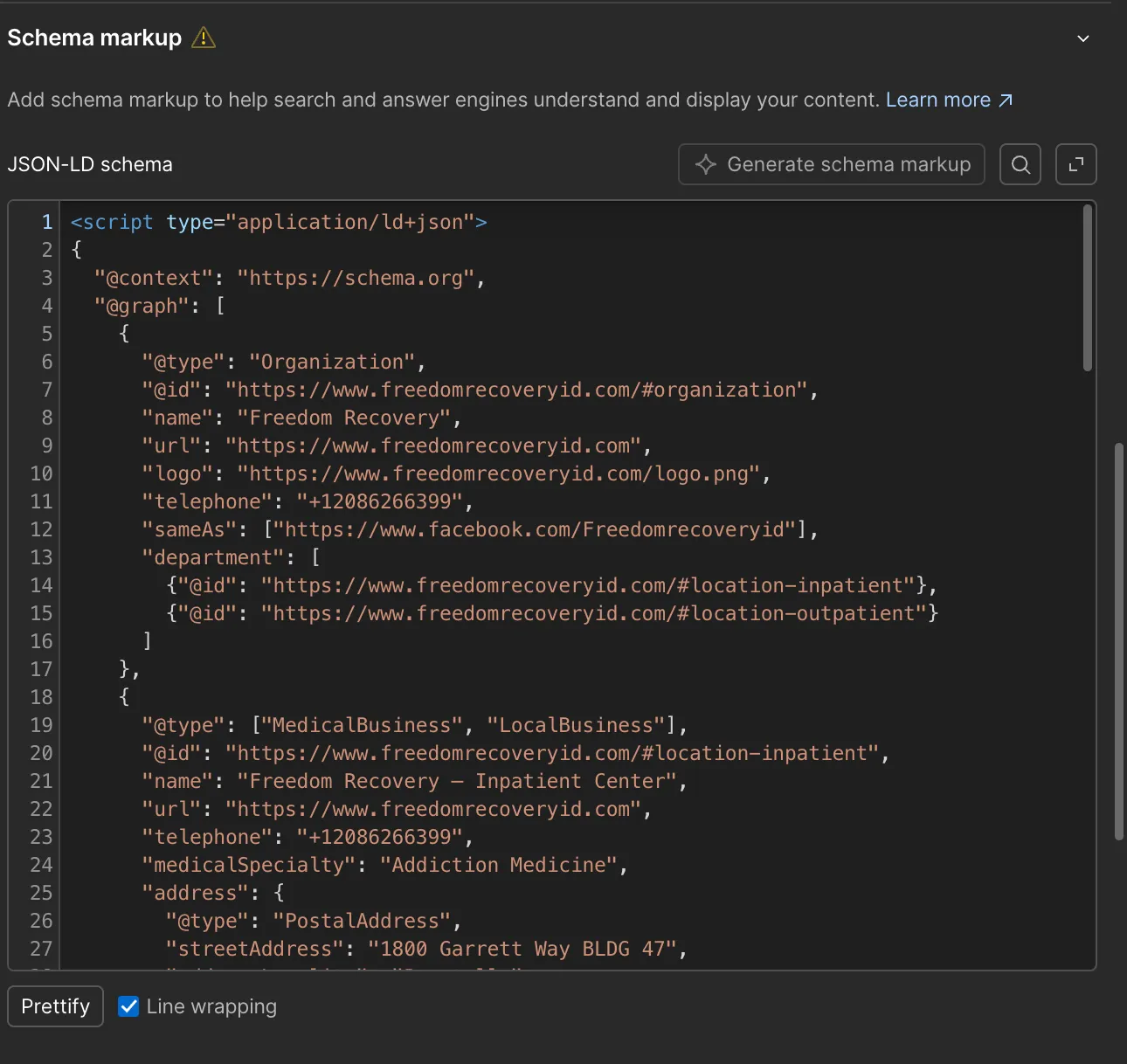 A JSON-LD structured-data block defining Organization and MedicalBusiness schema for an addiction treatment center, including medical specialty and location details